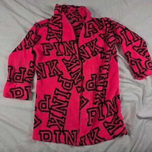 Pink Victorias Secret Womens XS/S Hot Pink Cozy Robe Logo Print Fleece Sleepwear